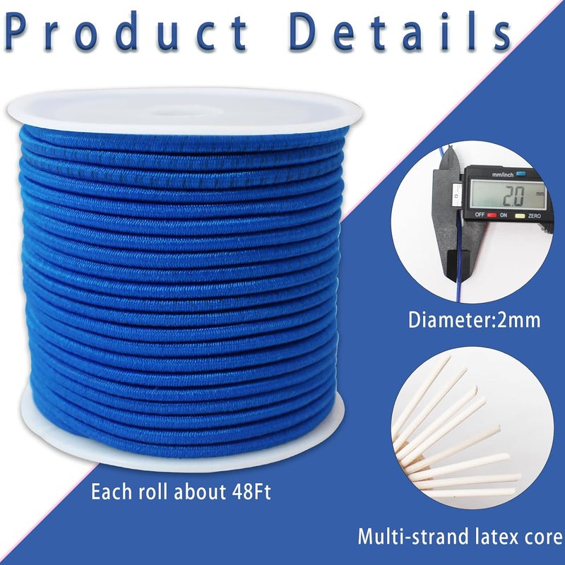 ZHFMLY Royal Blue Elastic Beaded Cords 2mm 2/25 inch Elastic Cord String for Bracelets,Small Bungee Shock Cord for DIY Crafts, Beading and Sewing 48ft(ZH174) - Image 2